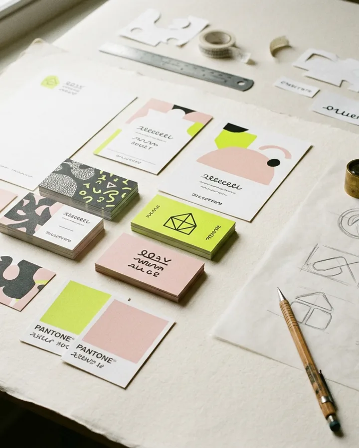 Mesa de trabajo con papelería de marca, muestras de color lima y rosa y bocetos de logotipos